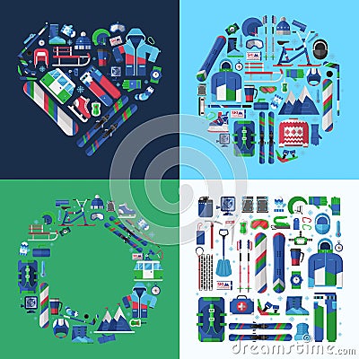 Love Winter Sports and Activity Cards Vector Illustration