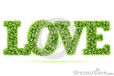 Love word in green leaves Vector Illustration