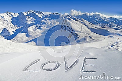 Love written in the snow, mountain landscape Stock Photo