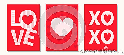 LOVE, XOXO. Heart shape sign symbol. Hugs and kisses lettering. Happy Valentines Day greeting card, poster, banner set. Typography Vector Illustration