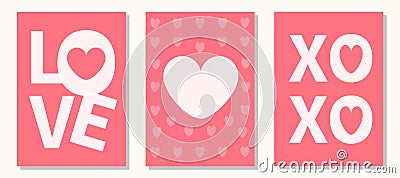 LOVE, XOXO. Hugs and kisses lettering. Heart shape sign symbol. Happy Valentines Day greeting card, poster, banner set. Typography Vector Illustration