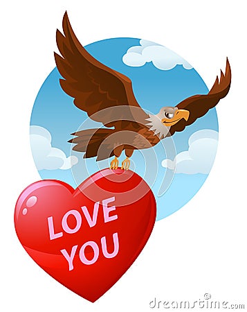 Love you. Flying American eagle carries a big heart Vector Illustration
