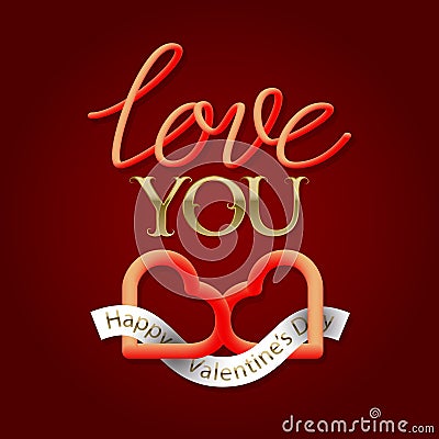 Love You golden and fluid 3d lettering text with two connected hearts symbol. Happy Valentines Day greeting card design Vector Illustration