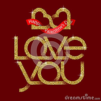 Love You golden glittering lettering with two connected hearts valentine logo on red background Vector Illustration