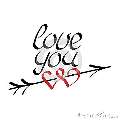 Love you hand draw lettering, arrow and two hearts . Love you vector illustration for greeting card and banner Cartoon Illustration