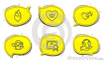 Love you, Love message and Heart flame icons set. Sweetheart, Heart, Romantic people. Love set. Vector Vector Illustration