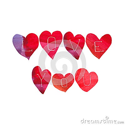 Love you text on the red watercolor art collage heart isolated on white background. Cute and modern design for print cards, poster Stock Photo