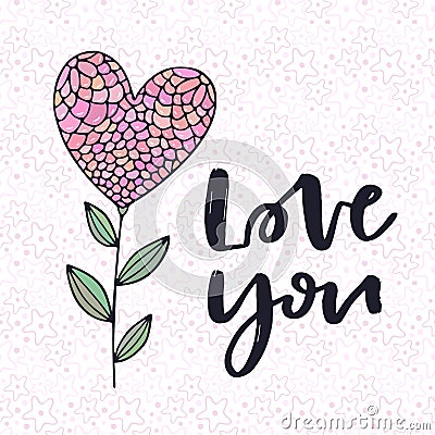 Love you typography card. Heart flower illustration. Greeting card with pink heart and brush calligraphy. Vector Illustration