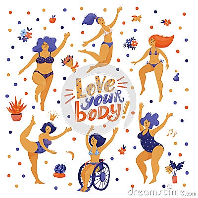 Love your body poster with dancing women in bikini Vector Illustration