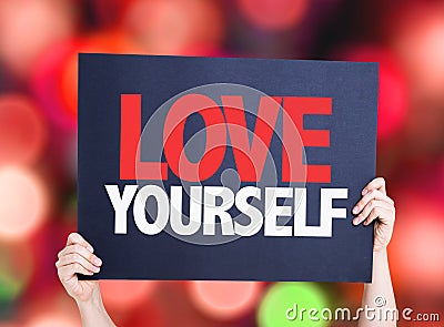 Love Yourself card with bokeh background Stock Photo