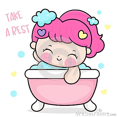 Love yourself girl bath time. Series: Girly me time, Self care, take a break Cartoon Illustration