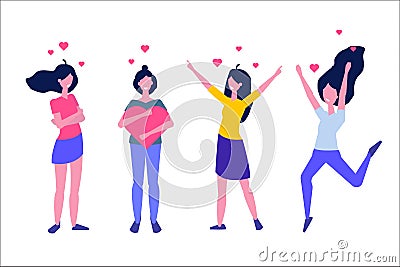 Love Yourself Girls. Narcissistic, self-confident flat style concept. Vector Illustration