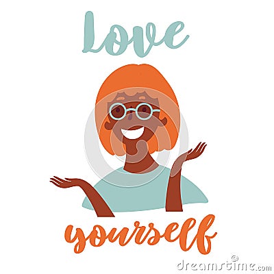 Young black girl in eyeglasses. Love yourself Vector Illustration