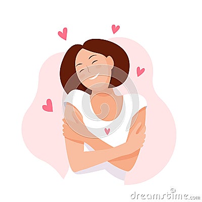 Woman hugging herself with hearts on white background. Love yourself. Love your body concept. Vector illustration. Vector Illustration
