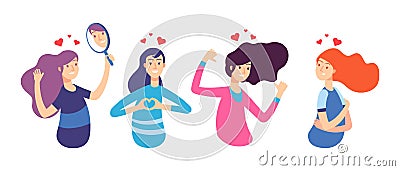 Love yourself. Narcissistic, self-confident people hugged themselves. Loving oneself men and women. Vector characters Vector Illustration