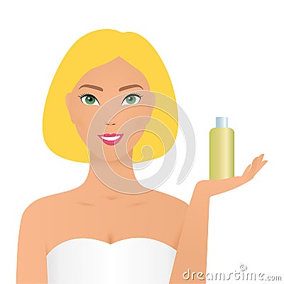 Love yourself. Self-confident girl care about herself and use cream. Vector concept card or postcard with cute smiling Vector Illustration