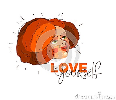 Love yourself vector concept, portrait of cute attractive woman and lettering, be selfish, accept your body. Vector Illustration