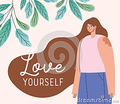 Love yourself vitiligo woman cartoon with leaves vector design Vector Illustration