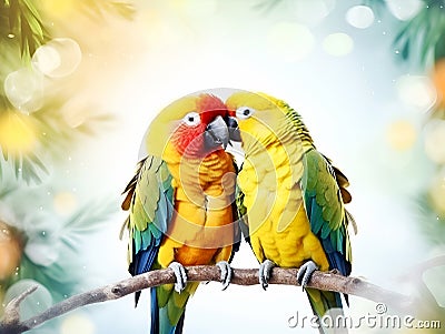 Lovebird parrots on bokeh background against jungle. Two colorful lovebird parrots kissing on a branch being happy. Colorful pets Stock Photo