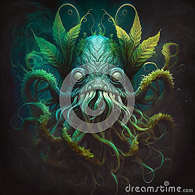 Lovecraftian marijuana monster. Funny illustration of cannabis dream. Generative AI Cartoon Illustration