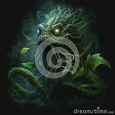 Lovecraftian marijuana monster. Funny illustration of cannabis dream. Generative AI Cartoon Illustration