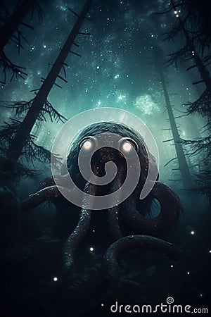 lovecraftian monster in forest, giant, evil creature. Cthulhu. Generative AI Stock Photo