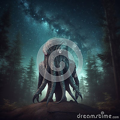 lovecraftian monster in forest, giant, evil creature. Cthulhu. Generative AI Stock Photo