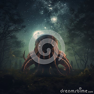 lovecraftian monster in forest, giant, evil creature. Cthulhu. Generative AI Stock Photo
