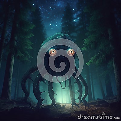 lovecraftian monster in forest, giant, evil creature. Cthulhu. Generative AI Stock Photo