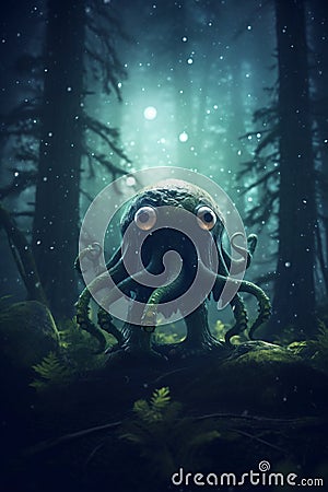 lovecraftian monster in forest, giant, evil creature. Cthulhu. Generative AI Stock Photo