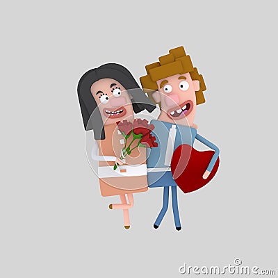 Loved Couple with bouquet of roses Cartoon Illustration