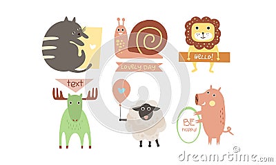 Lovely animals with banners set, cute cat, snail, lion, elk, sheep, pig holding signboards with text, design elelment Vector Illustration