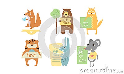 Lovely animals with banners set, cute fox, bear, cat, tiger, rabbit, mouse holding signboards with text, design elelment Vector Illustration