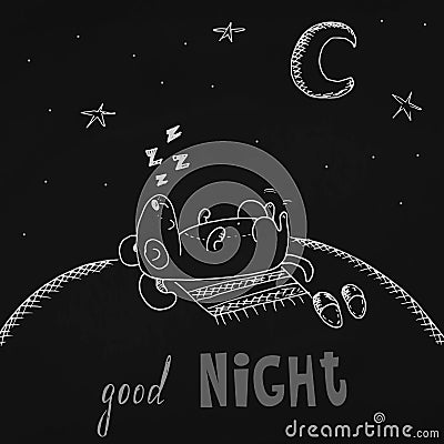 The lovely animation dog sleeps on black background. Good night card Vector Illustration