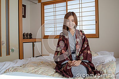 Lovely Asian Girl wearing Yukata japanese Stock Photo