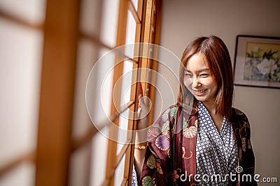 Lovely Asian Girl wearing Yukata japanese Stock Photo