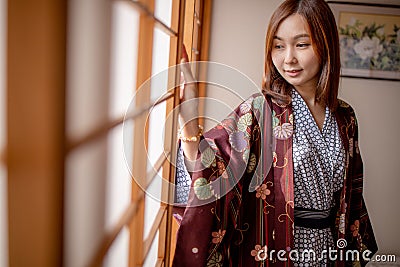 Lovely Asian Girl wearing Yukata japanese Stock Photo