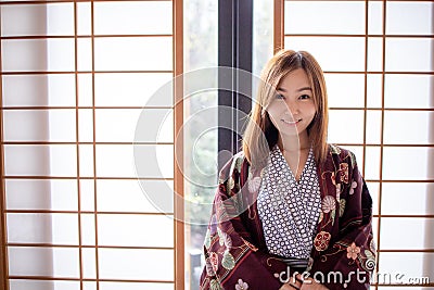 Lovely Asian Girl wearing Yukata japanese Stock Photo
