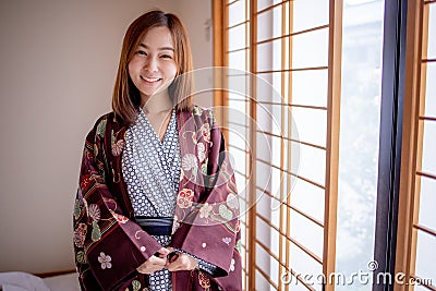 Lovely Asian Girl wearing Yukata japanese Stock Photo