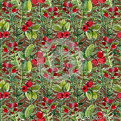 Lovely autumn botanical seamless background with cranberries, red berry and fern. Nordic berries. Hand-drawing texture. Use for Stock Photo