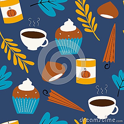 Cute lovely autumn seamless vector pattern background illustration with umbrellas, leaves, candles, pumpkin muffins, candles and o Vector Illustration