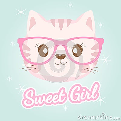 Lovely baby cat face in pink glasses Vector Illustration