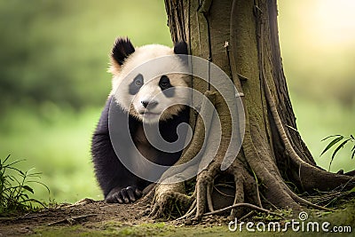 lovely baby Panda on the tree Ai generated Stock Photo