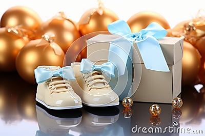 Lovely babys bootees, blank postcard, and a pacifier make beautiful gifts Stock Photo