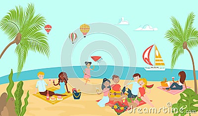 Lovely beach ocean place, lover couple relax paradise tropical seaside and family rest picnic flat vector illustration. Vector Illustration