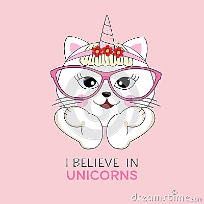 Lovely beautiful cat unicorn in glasses isolated on white background. Vector Illustration
