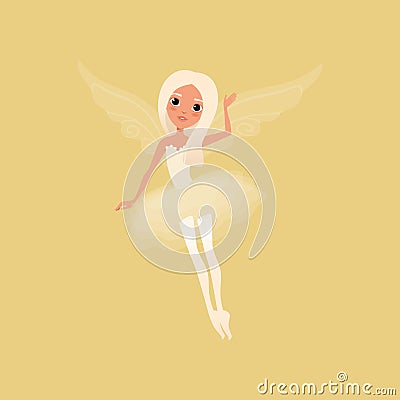 Lovely blond girl with big shiny eyes and magic wings. Fairy wearing beautiful tutu dress. Imaginary fairytale character Vector Illustration