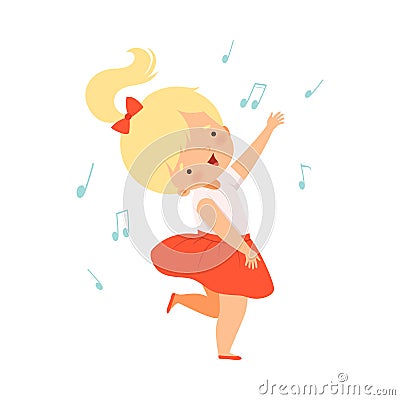 Lovely Blonde Girl Singing and Dancing, Adorable Kid Having Fun and Enjoying Listening to Music Cartoon Vector Vector Illustration