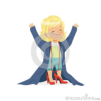 Lovely blonde girl wearing dult oversized clothes and red high heels, kid pretending to be adult vector Illustration Vector Illustration