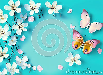 lovely blossom, petal a on turquoise blue background. AI generated image Stock Photo